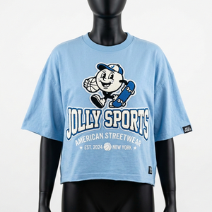 เสื้อยืดโอเวอร์ไซส์สตรีทแวร์ผ้าคอตตอนเจอร์ซีย์หนา 220 GSM สีฟ้าอ่อน พิมพ์ลายการ์ตูนกราฟิกโลโก้แบบสกรีน เสื้อยืดแห้งเร็ว - Product Image 1