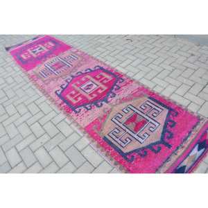 Tapis Turc Vintage Authentique 3 X 11.2ft Boho Jacquard Technique Patchwork Abstrait Rose Bleu Laine Latex pour Couloir Chambre Décor - Product Image 4