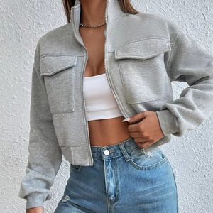 Sudadera Corta de Alta Calidad con Bolsillos Personalizados, Hombros Caídos, Cuello Alto Personalizado, Sudadera con Cierre y Capucha Corta para Mujer - Product Image 6