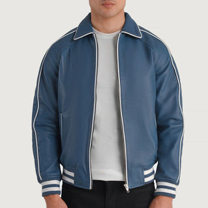 NIMBORO SPORTSWEAR <b>Men's</b> Blue Genuine <b>Leather</b> Bomber <b>Jacket</b> Mandarin Collar Zip Front Casual Regular Fit Solid Color White Trim - Product Image 1