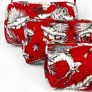 Handmade Quilted Cotton Case Set Vintage Eco-Friendly Durable Water Resistant Large Tropical Red Print Zipper Travel <b>Makeup</b> - Product Image 2