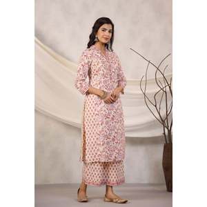Kurti de Algodón para Mujer - Top Recto con Cuello en V y Estampado de Bloques Color Durazno - Product Image 3