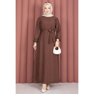 Zaranur Elegante Vestido Diario Modesto de Silueta Holgada Natural con Cinturón Desmontable Color Café, Liso, Lavable, Hasta la Rodilla, para Primavera, ODM - Product Image 4