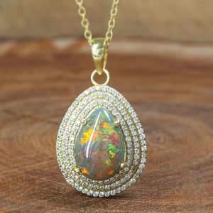 Big Black <b>Opal</b> Traditional <b>Pendant</b> <b>Necklace</b> 925 Sterling Silver Gold Plated Handmade Charm With Zircon Gift For Her - Product Image 1