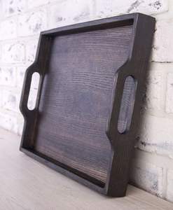 Vente en gros, plateau de service rond en bois de noyer brun rustique de petite taille personnalisé avec poignées, plateaux pour sarfophages naturels - Product Image 1