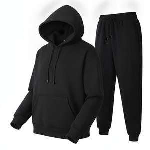 Ensemble de survêtement 2 pièces premium pour femme, noir uni, avec sweat à capuche oversize et pantalon de jogging, tenue de sport, streetwear - Product Image 1