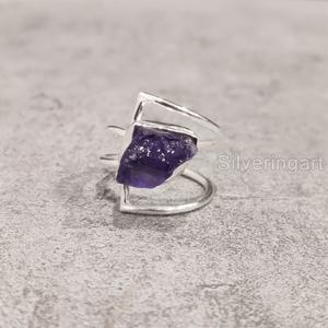 Anillo de plata de ley 925 con doble banda y piedra natural de amatista en bruto, joyería de piedra de nacimiento de febrero para mujer - Product Image 1