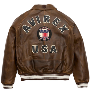 Amirez Men's Brown Genuine Leather Bomber Jacket American Flag Patch Zipper Closure HIGH STREET Style Stand Collar Breathable - Product Image 2
