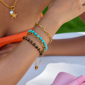 Moda delicada 18K <span class=keywords><strong>oro</strong></span> Acero inoxidable 2 piezas Ojo <span class=keywords><strong>de</strong></span> Tigre turquesa empanado pulsera amor turquesa mano cadena pulsera - Product Image 3