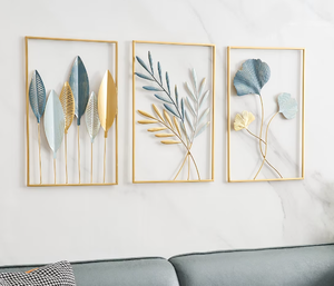 Feuilles de style personnalisé bleu or 3 décors de cadre rectangulaire Arts muraux en métal Chambre à coucher Panneau mural en fer artisanal fait à la main - Product Image 3