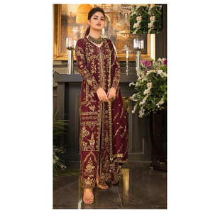 Maroon Georgette Traje semicosido con Dupatta pesado Bordado muy pesado Dori Work Hermosa ropa india y pakistaní - Product Image 3