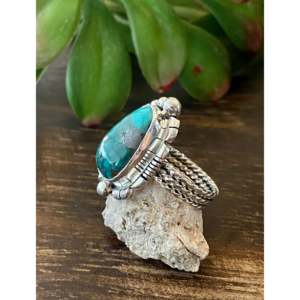 Larry Kay Kingman Turquoise & Sterling <b>Silver</b> <b>Statement</b> <b>Ring</b> Rhodium Plated Inlay Technology Size 6.5 for Everyday Wear Weddings - Product Image 4