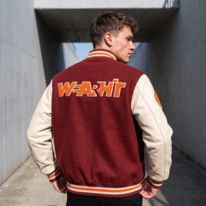 Blouson universitaire unisexe personnalisé avec patchs en chenille, corps en laine, manches en cuir, couleur acajou, style Letterman, streetwear, OEM, coupe décontractée, épais - Product Image 5
