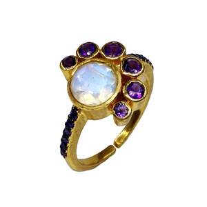 แหวนพลอยสีเงินสเตอร์ลิงชุบทองแอเมทิสต์สีรุ้งประดับพลอยมูนสโตน925ไม่ซ้ำใครทันสมัย - Product Image 5