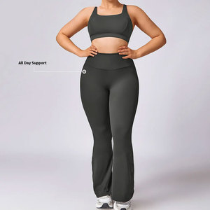 High Waist Full Length Leggings 2 Piece Yoga Set Seamless Lightweight Ribbed Solid Black Crop <b>Top</b> Racerback Square Neck All Day - Product Image 1