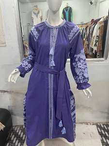 Premium Designer femmes 100% coton Satin Maxi robe décontracté à manches courtes Machine broderie longue élégant naturel lavable - Product Image 2