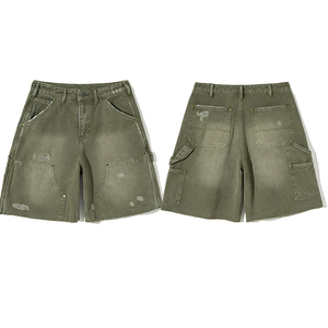 Shorts cargo en jean baggy pour homme, gris anthracite, double épaisseur aux genoux, coupe charpentier, délavage prononcé, ourlet effiloché, coupe décontractée, jorts usés - Product Image 6