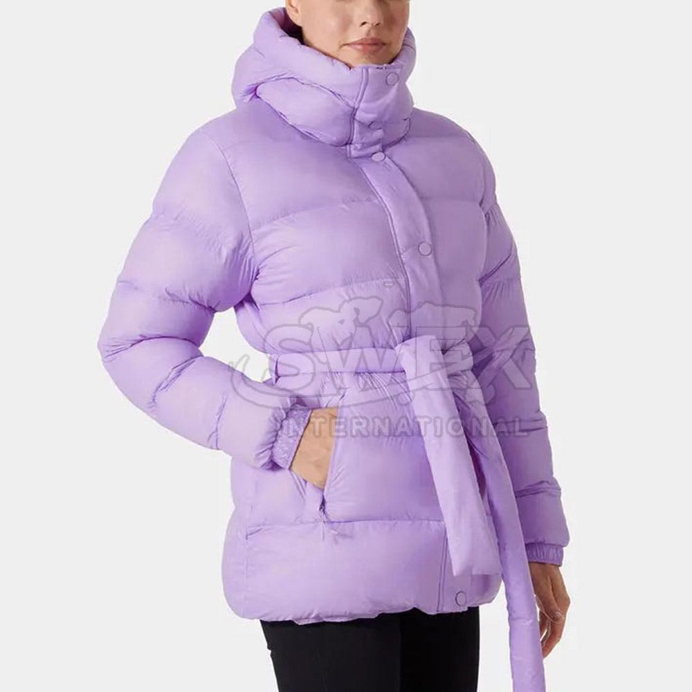 Ladies Fashion Belted Parka Winter Warm Hooded Coat Windproof Casual Outerwear Made In Pakistan
