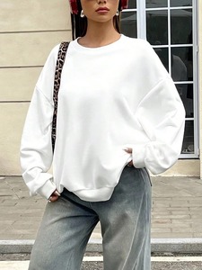 Jersey de ropa deportiva blanca de otoño e invierno para mujer, Top informal holgado, nueva sudadera informal de cuello redondo de manga larga de Color sólido - Product Image 3
