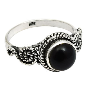 Fabuloso aspecto 925 plata esterlina negro ónix piedra preciosa forma redonda anillo de compromiso joyería hecha a mano venta al por mayor precio de fábrica India - Product Image 1