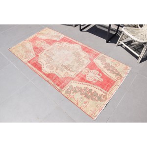 Turkish Vintage Area Rug 3.5x6.9 ft, <b>Red</b> Gray Animal Print <b>Wool</b> Rug - Product Image 2