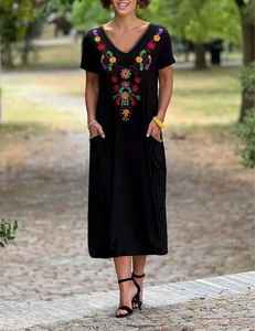 Embroidered Black Cotton V Neck <b>Dress</b> Bohemian <b>Tunic</b> Spring Summer Casual <b>Dress</b> For <b>Women</b> - Product Image 1