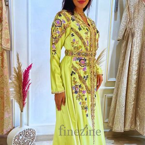 Elegante caftán marroquí Color Lima seda bordado a mano antiestático transpirable estilo informal ropa musulmana tradicional - Product Image 1