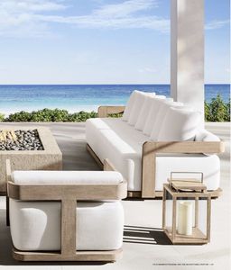 Ensemble de salon extérieur élégant avec cadre en bois de teck et coussins neutres pour patio ou piscine de style moderne - Product Image 4