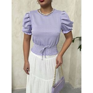 Blusa de Algodón y Poliéster a Cuadros Lila para Mujer, Marca Topshow, con Cintura Fruncida, Elegante y Cómoda para Uso Diario - Product Image 4