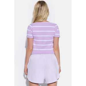 Crop top rayé violet et blanc pour femme, taille XS, coupe ajustée, t-shirt décontracté en coton respirant avec décoration de lettres perforées pour l'été - Product Image 5