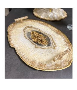 Vente en Gros Plateau en Résine Meilleur Prix Rond Gris et Blanc Plateau de Service en Résine Plateau à Poignée en Laiton Unique - Product Image 5