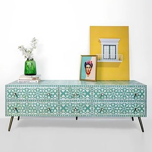 Faizacraft Mesa de consola con incrustaciones de hueso negro de alta calidad Mesa de almacenamiento lateral de pared con incrustaciones de hueso - Product Image 3