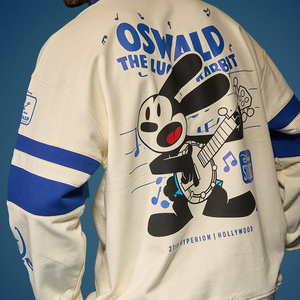 เสื้อสเวตเชิ้ตโอเวอร์ไซส์พิมพ์ลาย Oswald Lucky Rabbit แขนเสื้อแบบริบ มีปก สไตล์สตรีทแวร์ พิมพ์ลายทางสีน้ำเงิน - Product Image 4