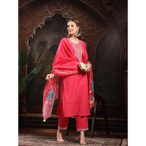 Kurta de Algodón Puro con Bordado Floral para Mujer, con Trabajo de Hilo Regular, Incluye Pantalones y Dupatta - Conjunto Regular - Product Image 2