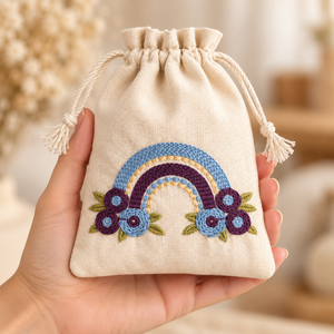 <b>Rainbow</b> Bliss Embroidered Cotton Drawstring Pouch 4.5 X 6.5 Inch 150 GSM Natural Small Reusable Eco-Friendly Jewelry Gift - Product Image 5