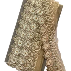 DIY Polyester Metallic Sequin Flower Tulle Embroidery African Gold Lace Trim For Garments and Dress Deals In Wholesale