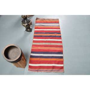 Traditional Red Blue Kilim <b>Rug</b> 2 X 4.7ft Turkish Wool 10mm <b>Abstract</b> Patchwork Design Eco-Friendly Dining Room Latex Backing <b>Rug</b> - Product Image 1