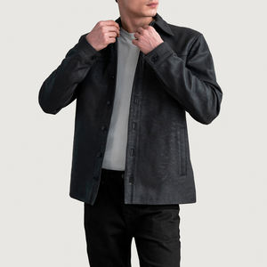 Chemise-veste en cuir gris anthracite pour homme, fermeture à boutons, manches longues, col, cuir véritable, décontractée, élégante, design de chemise-veste - Product Image 2