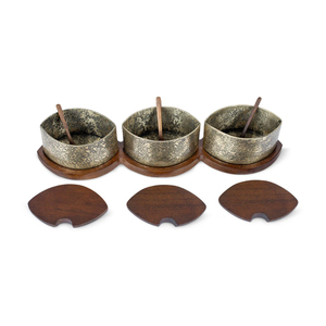 Caja de especias de tres contenedores de madera y latón hecha a mano con cuchara y bandeja para almacenamiento de cocina, juego de servir nueces para casas de lujo - Product Image 4