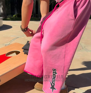 Pantaloncini da uomo personalizzati in cotone pesante, effetto sbiadito dal sole, stile baggy, in pile, a gamba larga, rosa, lavaggio vintage, streetwear, OEM - Product Image 2