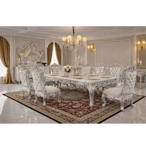 Elegante Juego de Comedor Estilo California King en Acabado Plateado, Juego de Comedor de Madera Tallada en Plata de Lujo Indio con Sillas Tapizadas, Oferta en EE. UU. - Product Image 1