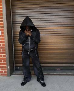 Haute qualité 100% coton vêtements pour hommes sweats à capuche Streetwear survêtements Denim bouffée impression larmes à capuche pour hommes - Product Image 4