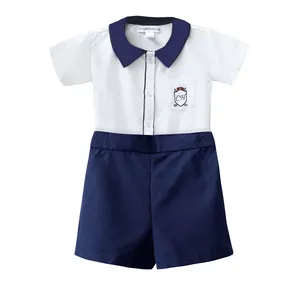 Design 2024 Conjunto de Roupas Bebé Menino 2 Peças Bolso Branco E Camisa De Manga Curta, Azul Escuro Calças Curtas-Conjunto Walter