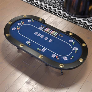 Blue 10 Player Texas Holdem Folding Poker Table with Padded Armrests Cup Holders <b>for</b> Home Game Night Parties and Casino Fun - Product Image 5
