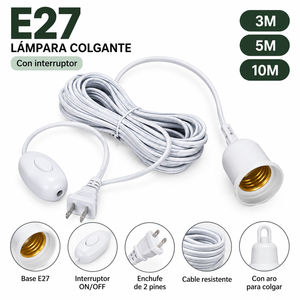 Portalampada E27 con Cavo, Interruttore ON/OFF, Spina a 2 Pin, 3M 5M 10M, Bianco - Product Image 1