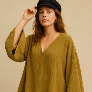 Ensemble coordonné à col en V surdimensionné pour femmes en polyester doux avec haut à manches larges et pantalon ample disponible en tailles M L XL XXL - Product Image 1