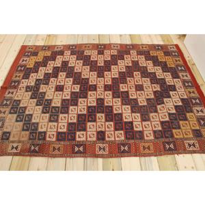 Tapis turc vintage écologique 4,8x6,9 pieds, rouge, patchwork, laine, dos en latex - Product Image 2