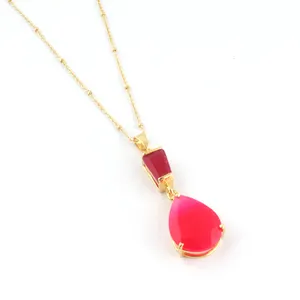High Sence Pear Baguette Shape Gorgeous Fuchsia Chalcedony Prong Set Gemstone Necklace Pendant Gold Plated Beaded Chain Necklace