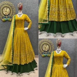 Présentant une fausse georgette avec une séquence de broderie lourde avec une bordure en dentelle lourde Lehenga robe longue jupe Dupatta - Product Image 2