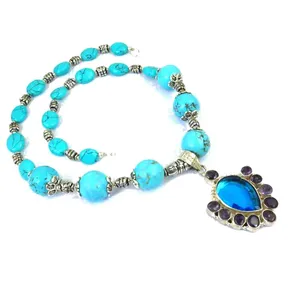 Collier Pendentif Perle Turquoise Art Palace pour Femme, Style Bohème, Plaqué Argent 925, Goutte d'Eau Solitaire, Bijou Quotidien - Product Image 1
